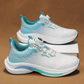 Men's white and blue mesh sneaker with a rotating buckle and rubber sole.