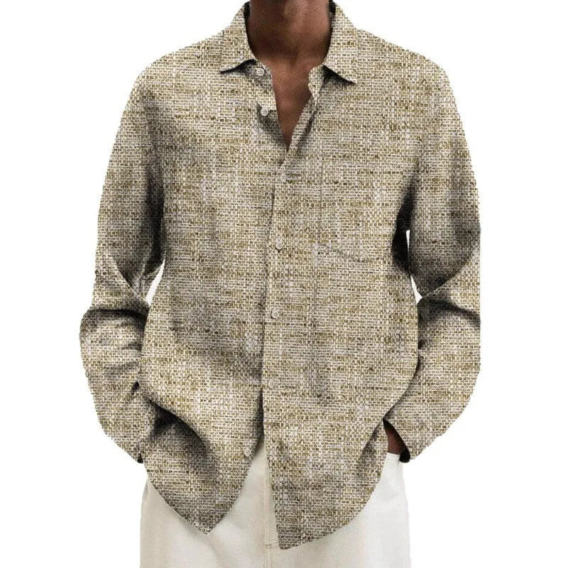 Men's multi-colour pattern long sleeve casual shirt with cardigan styling in elastic polyester fabric