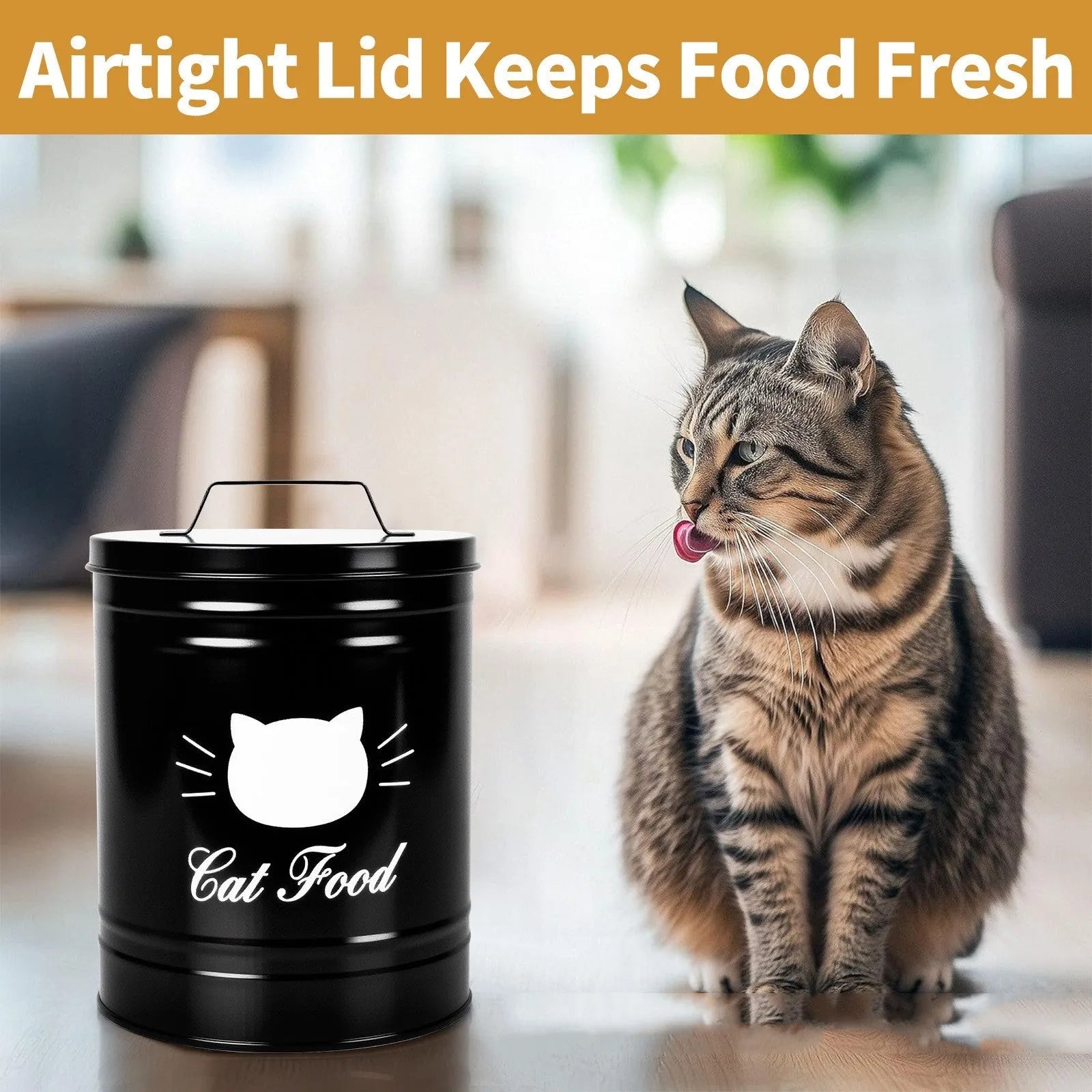 Round black iron sheet pantry storage canister with airtight lid for dry goods.