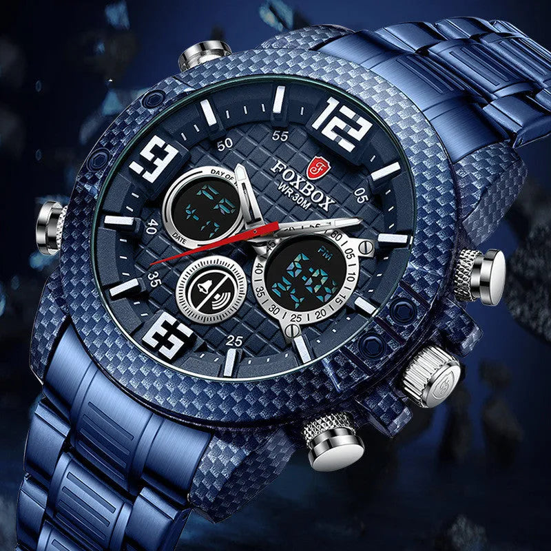 Dual display watch with pointer and number readouts, luminous dial, 44mm alloy case, black dial