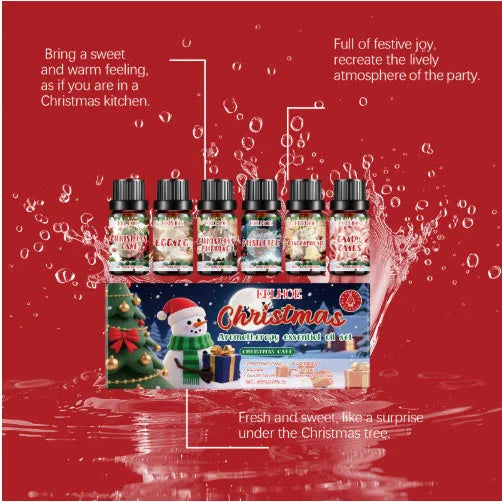Christmas aromatherapy oil set showing six glass bottles with two size options