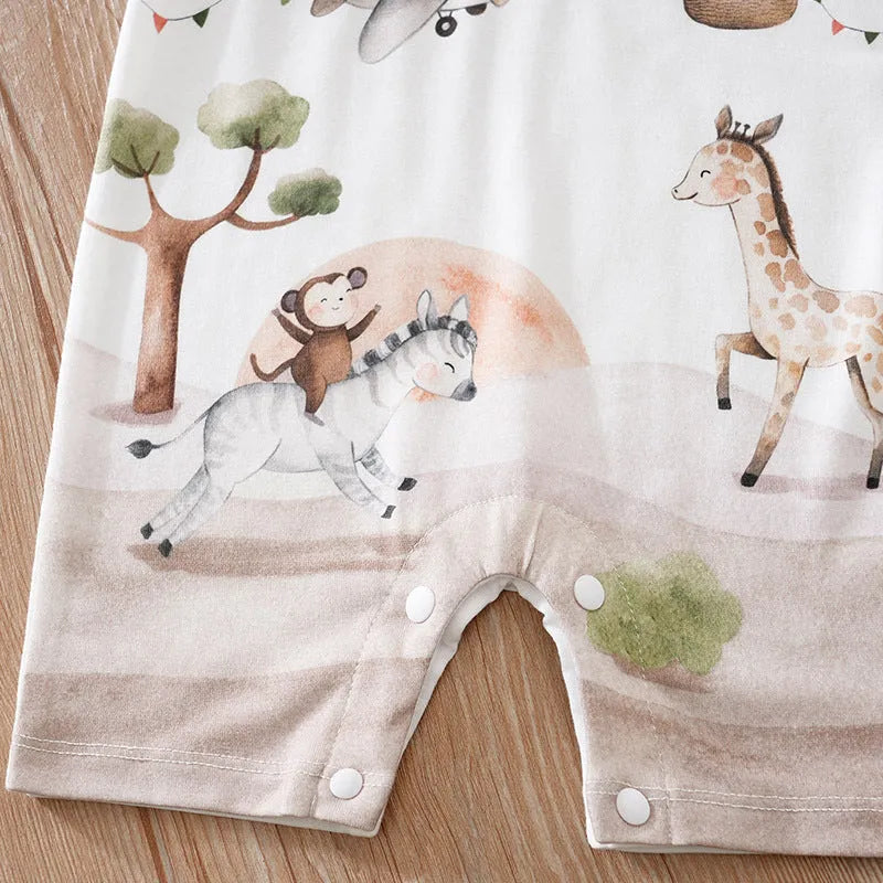 Summer baby romper short sleeve thin polyester jumpsuit with printed design for unisex newborn 52-90cm