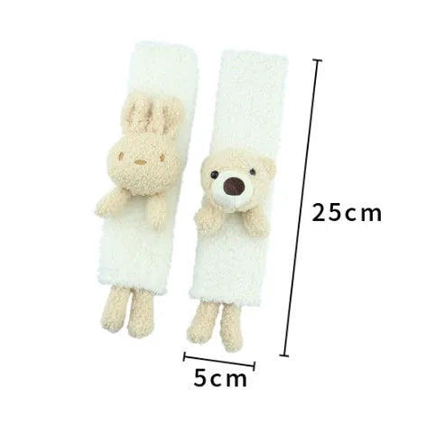 Cartoon plush rabbit and bear design car seat belt shoulder protector made from soft lamb wool.