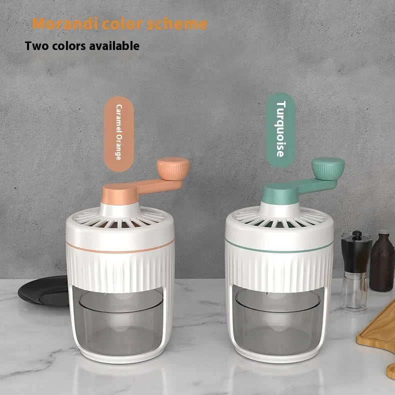 Hand-cranked ice shaving machine in green or orange with removable ice box, PP ABS and 304 stainless steel construction