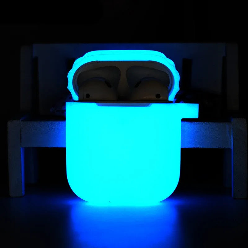 Luminous silicone AirPods case with integrated carrying strap in blue colour