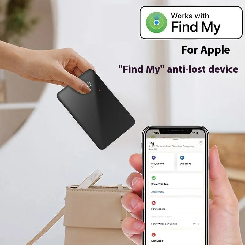 Black credit card-sized pet tracker with wireless charging and a hanging hole, shown next to a coin for scale.