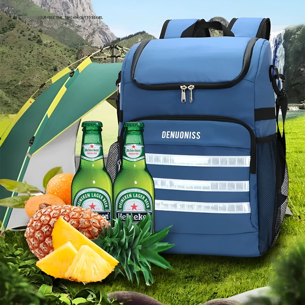 Insulated 20 litre backpack with a shoulder strap mounted bottle opener in black, blue, pink, or red.