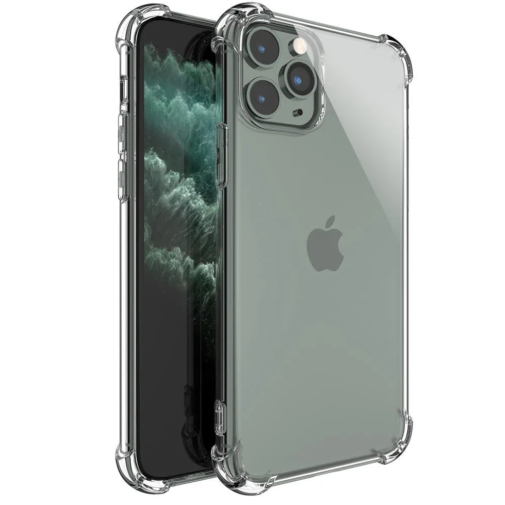 Clear transparent TPU shockproof phone case for Apple iPhone showing back and side protection