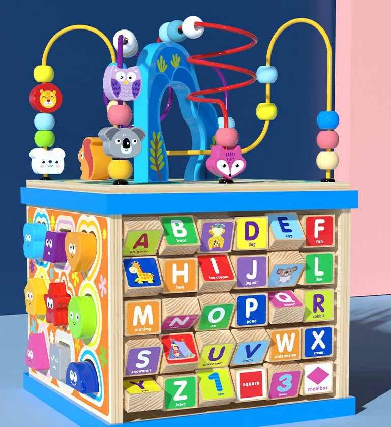 Blue wooden bead treasure box toy with multifunctional scenes for children's development