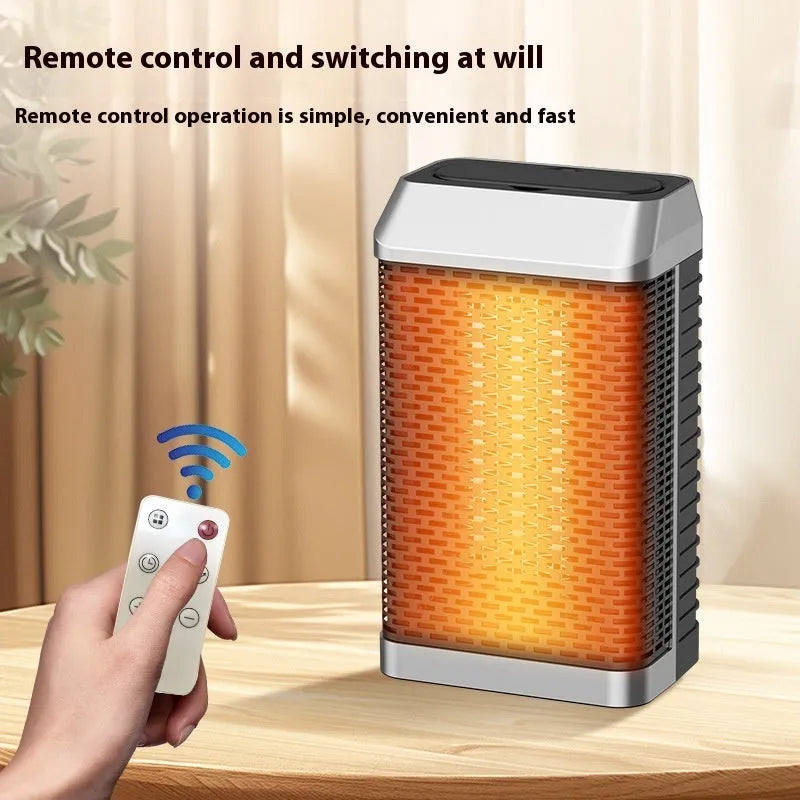 Black remote-control desk heater with shaking head on wooden desktop