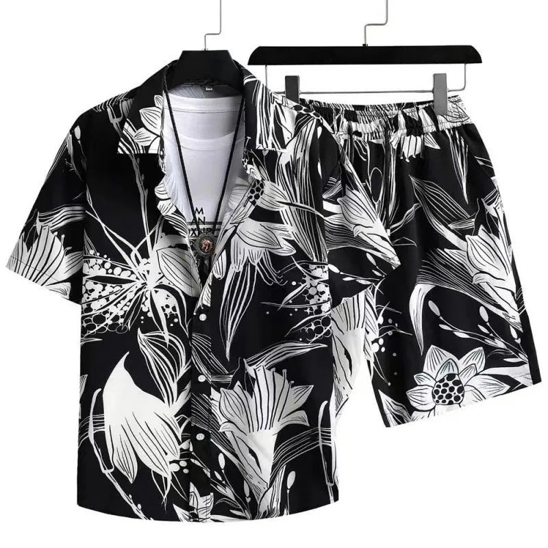 Man wearing a casual digital print short sleeve shirt and matching shorts, a polyester elastic suit set.