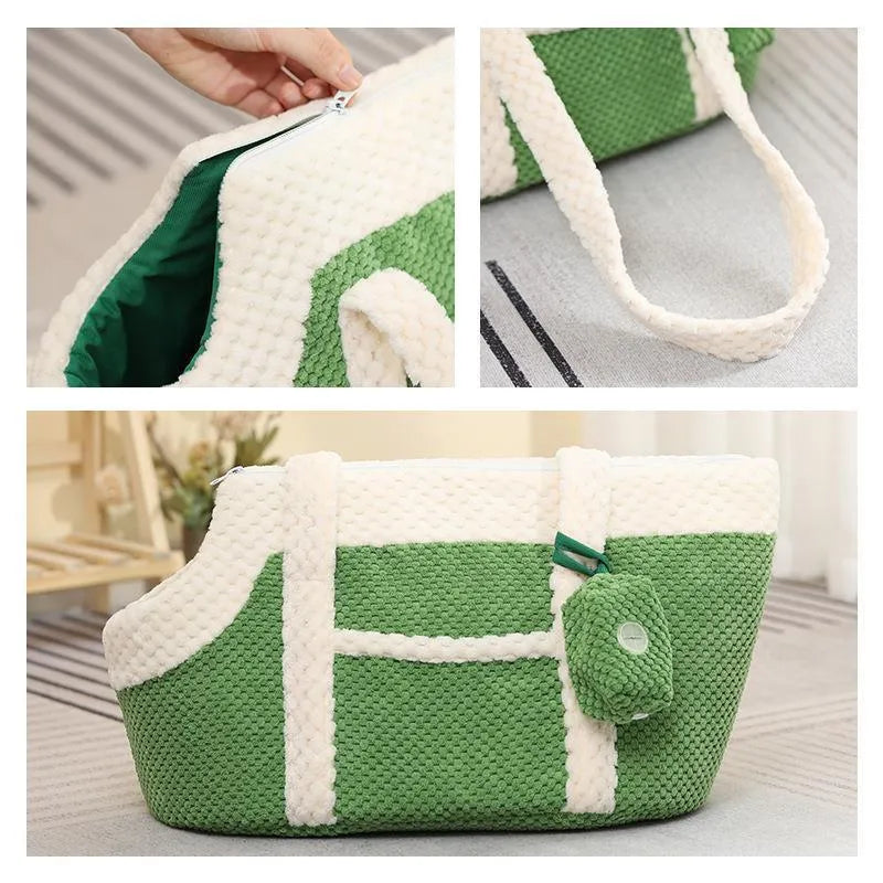 Shoulder cat bag pet carrier with cartoon pattern in green, red stripe, or yellow colours showing plush interior