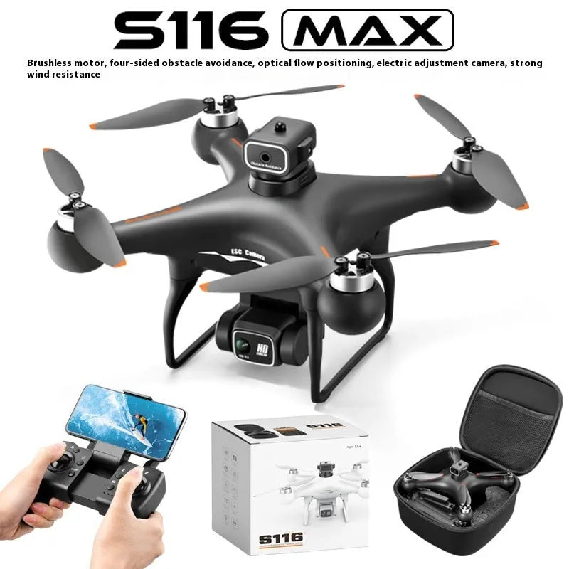 Black HD brushless motor UAV drone with four-side obstacle avoidance sensors and camera, remote control shown beside it.