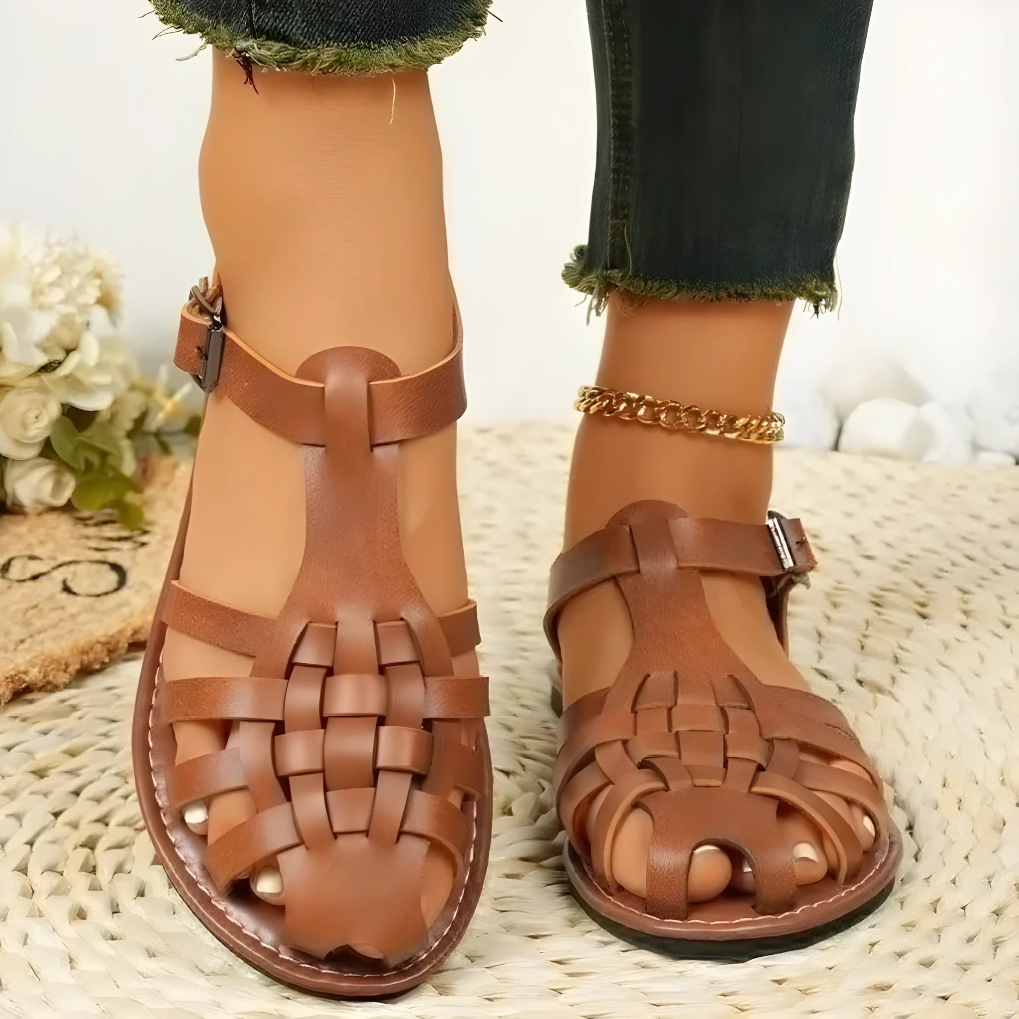 Dark brown women's vintage weave roman sandals with closed toe and buckle fastening on a soft rubber sole.