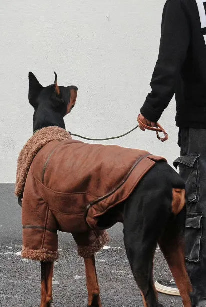 Winter velvet pet lapel leather coat for big dogs, denim fleece collar, sizes 4XL to 7XL