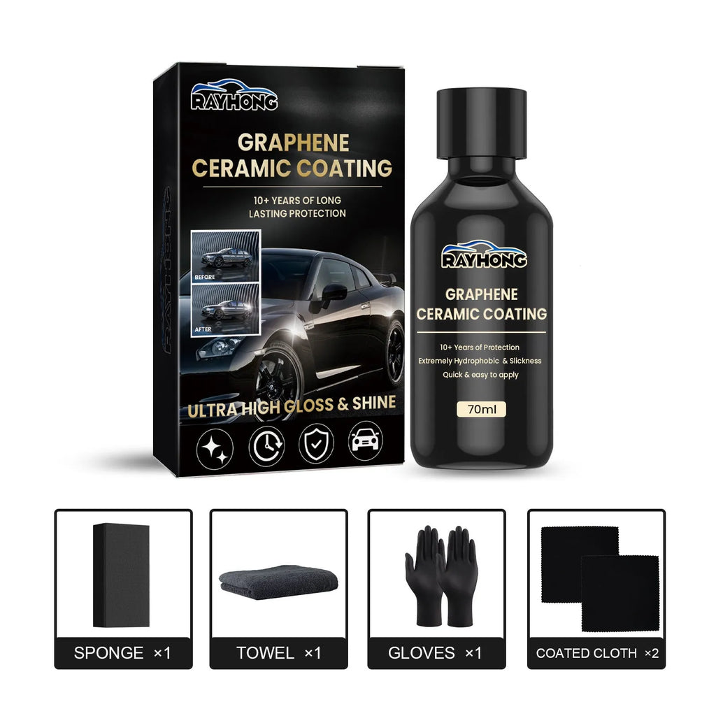 Automotive graphene ceramic coating kit with 70ml bottle, sponge, towel, gloves and coating cloths
