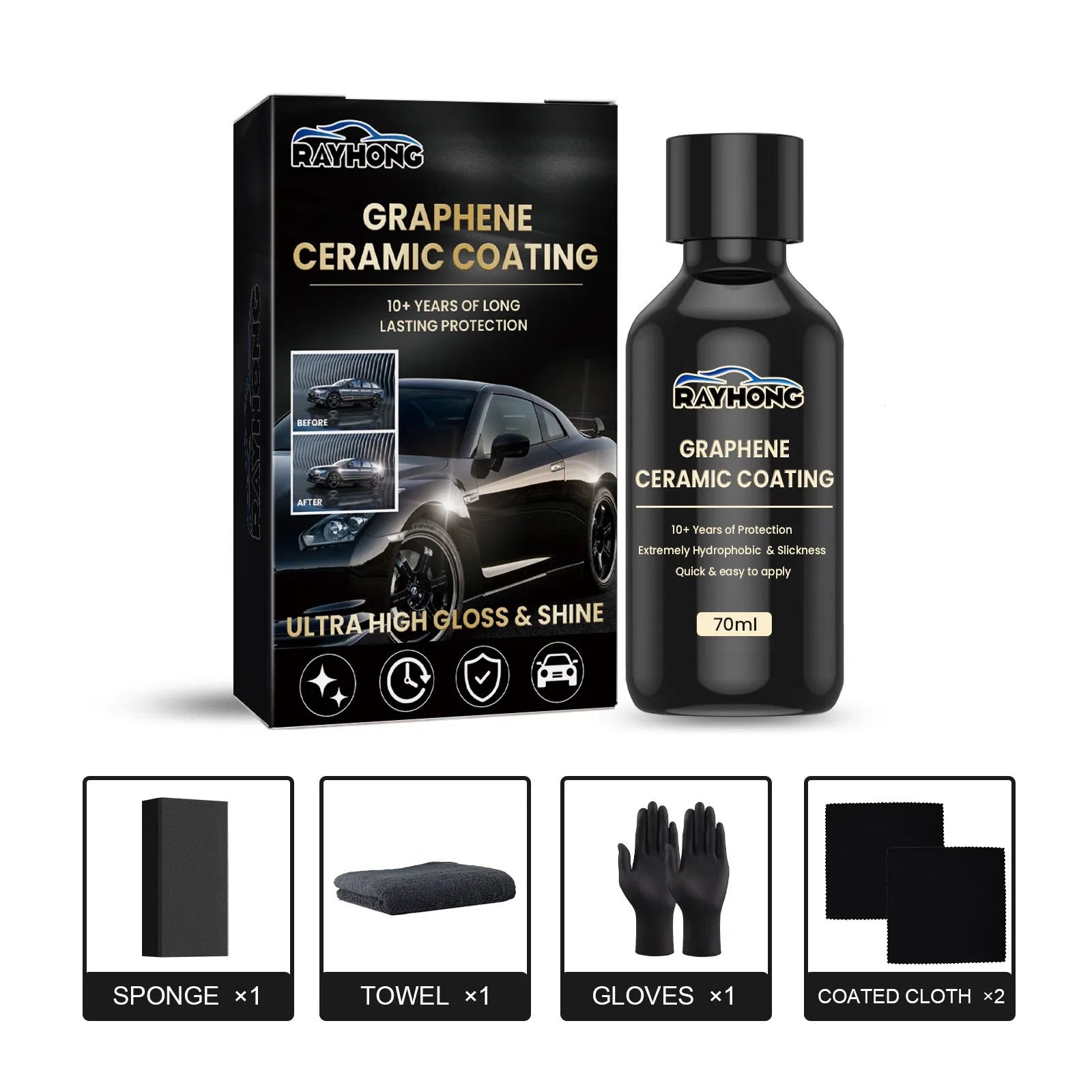 Automotive graphene ceramic coating kit with 70ml bottle, sponge, towel, gloves and coating cloths