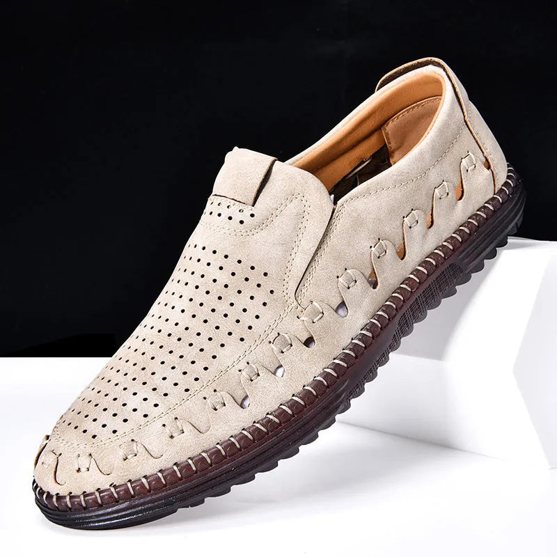 Men's brown casual slip-on shoes with round toe and low-top design showing sewing line details on PVC sole