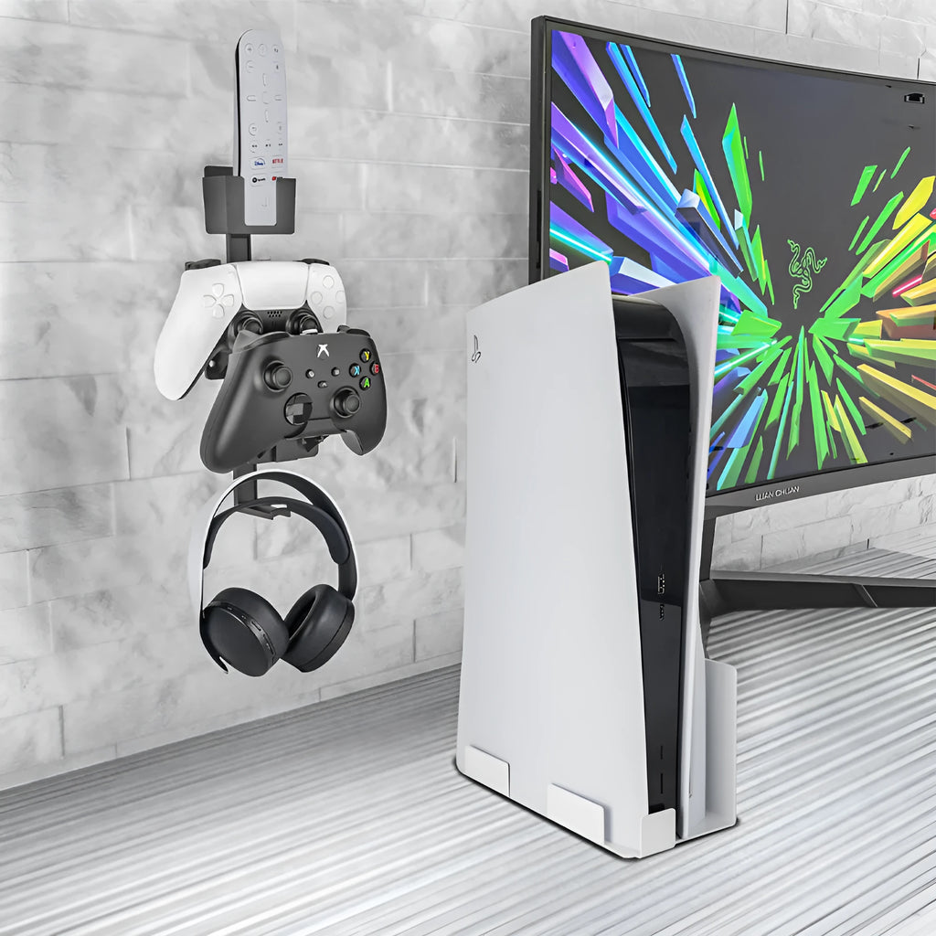 White and black wall-mounted hooks for storing gaming remote controls and controllers