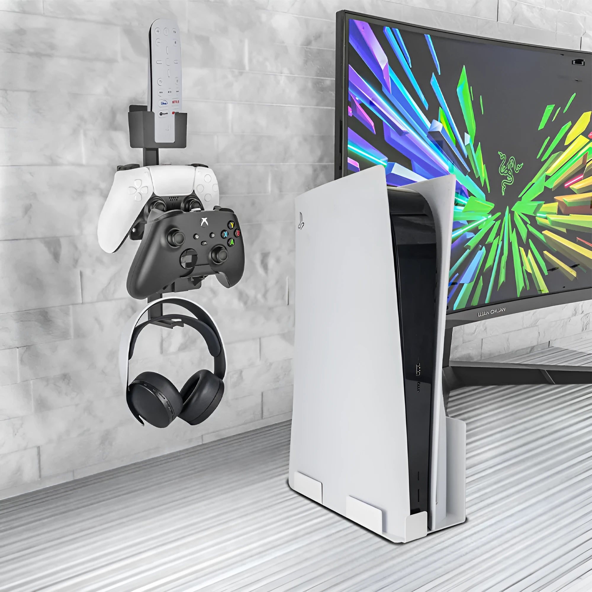 White and black wall-mounted hooks for storing gaming remote controls and controllers