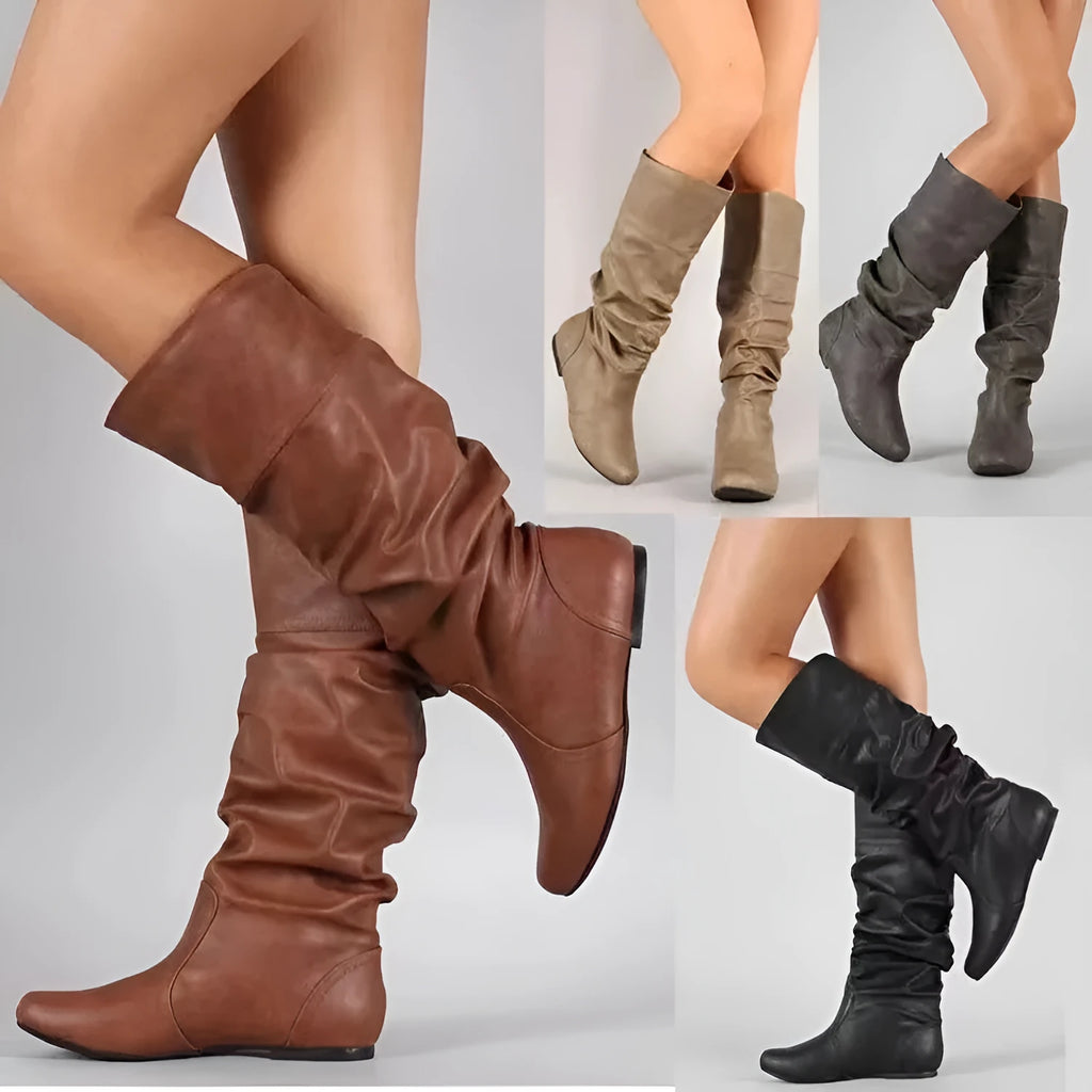Women's flat slip-on ankle boots in artificial PU with a round toe and high cylinder design