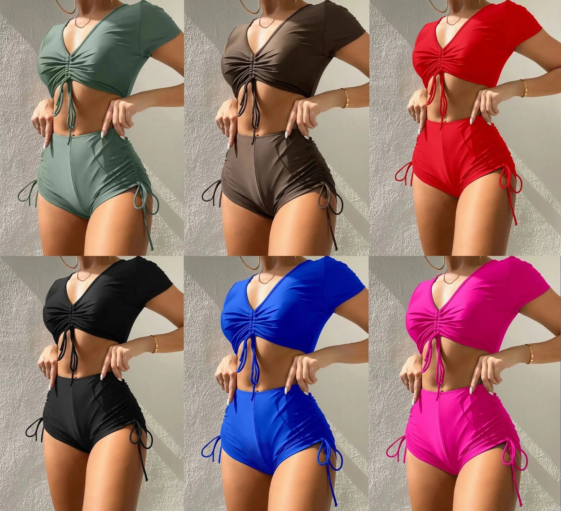 Women's lace-up bow swimsuit in dark green colour, two-piece design with top and shorts