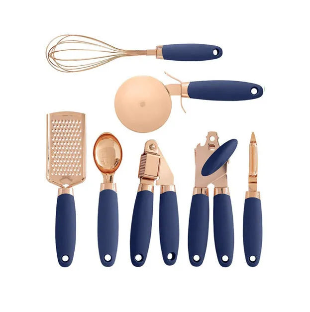 Seven-piece stainless steel kitchen utensil set with rose gold accents in six colour options on countertop