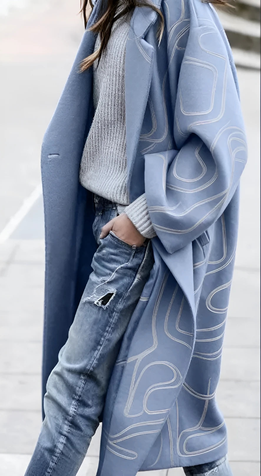Blue loose long women's wool coat with long sleeves, available in sizes S to 8XL, Asian size fit