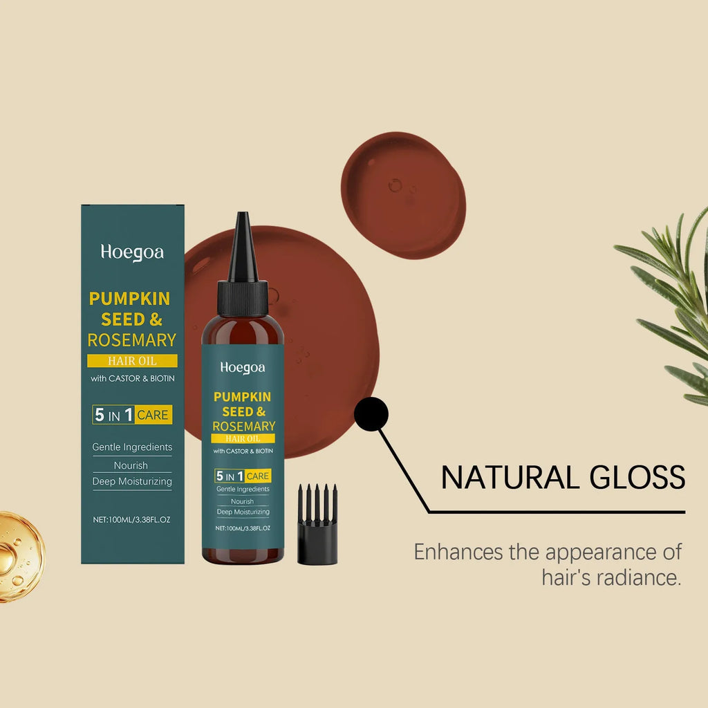 100 ml bottle of rosemary hair care essential oil with pointed applicator and hair comb on a white background.