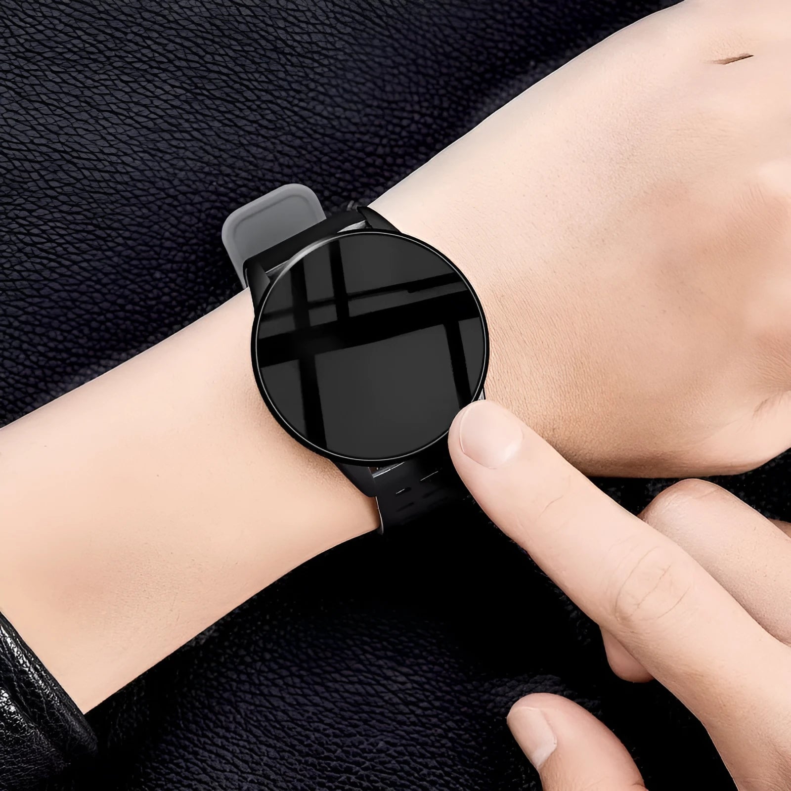 Black and grey smart watch with rubber strap showing fitness tracking data on its screen.