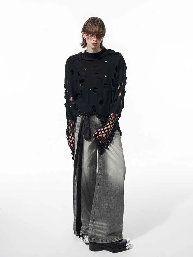 Black men's hooded sweater with hollow knit pattern and pearl decorative details on the front.
