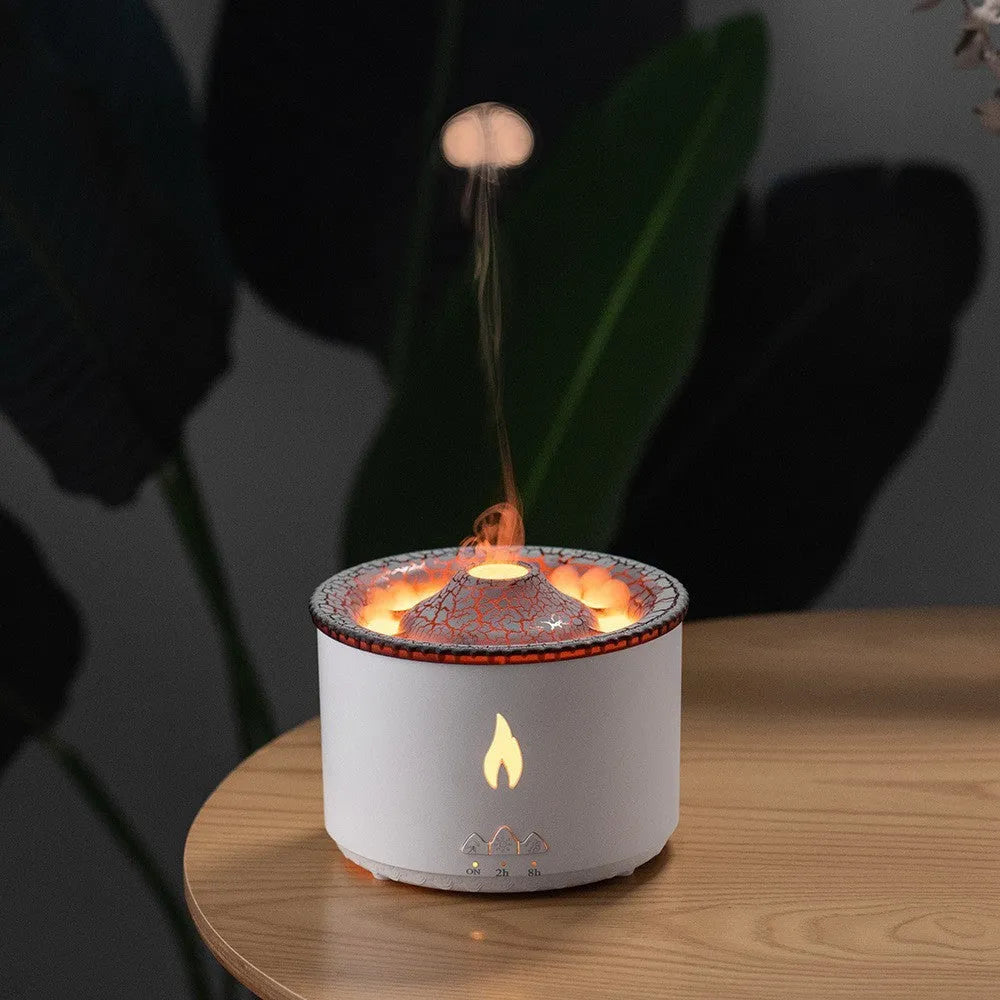 Round two-colour spray ring volcano humidifier with LED lights on a surface