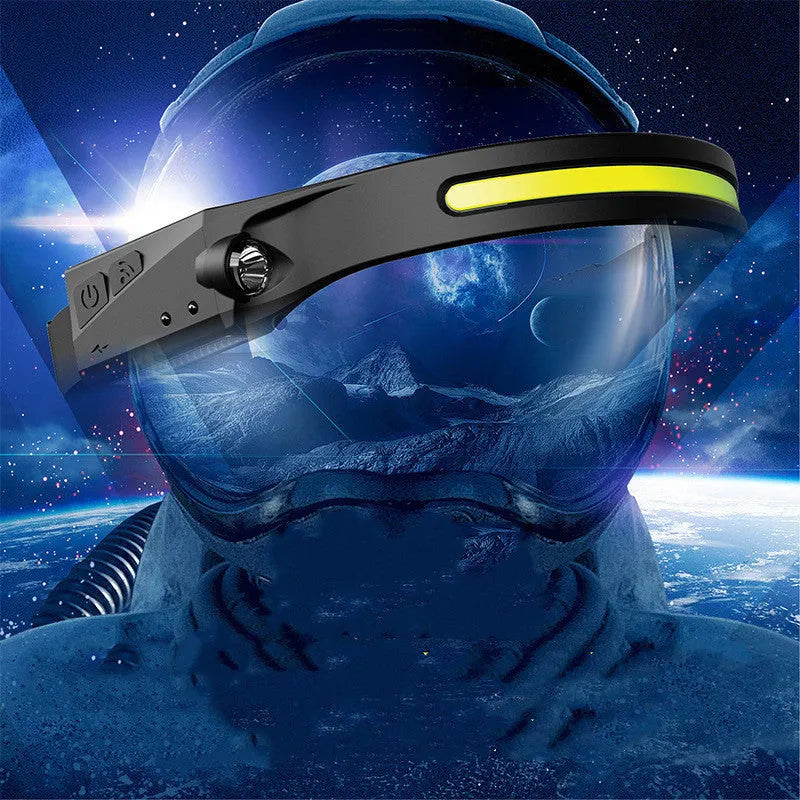 Black silicone USB rechargeable headlamp with side wave sensor and dual LED lights for wide and long-distance illumination.