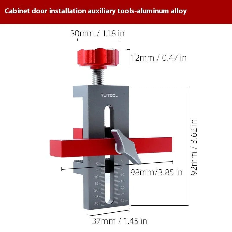 Aluminium alloy cabinet door installation aid with diamond-shaped 10mm guide plates for woodworking.