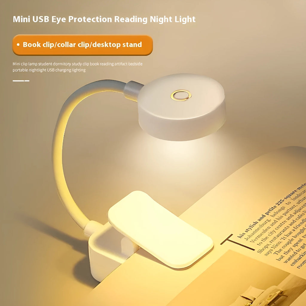 Homehold rechargeable book clip light in white plastic with built-in lithium battery and USB charging