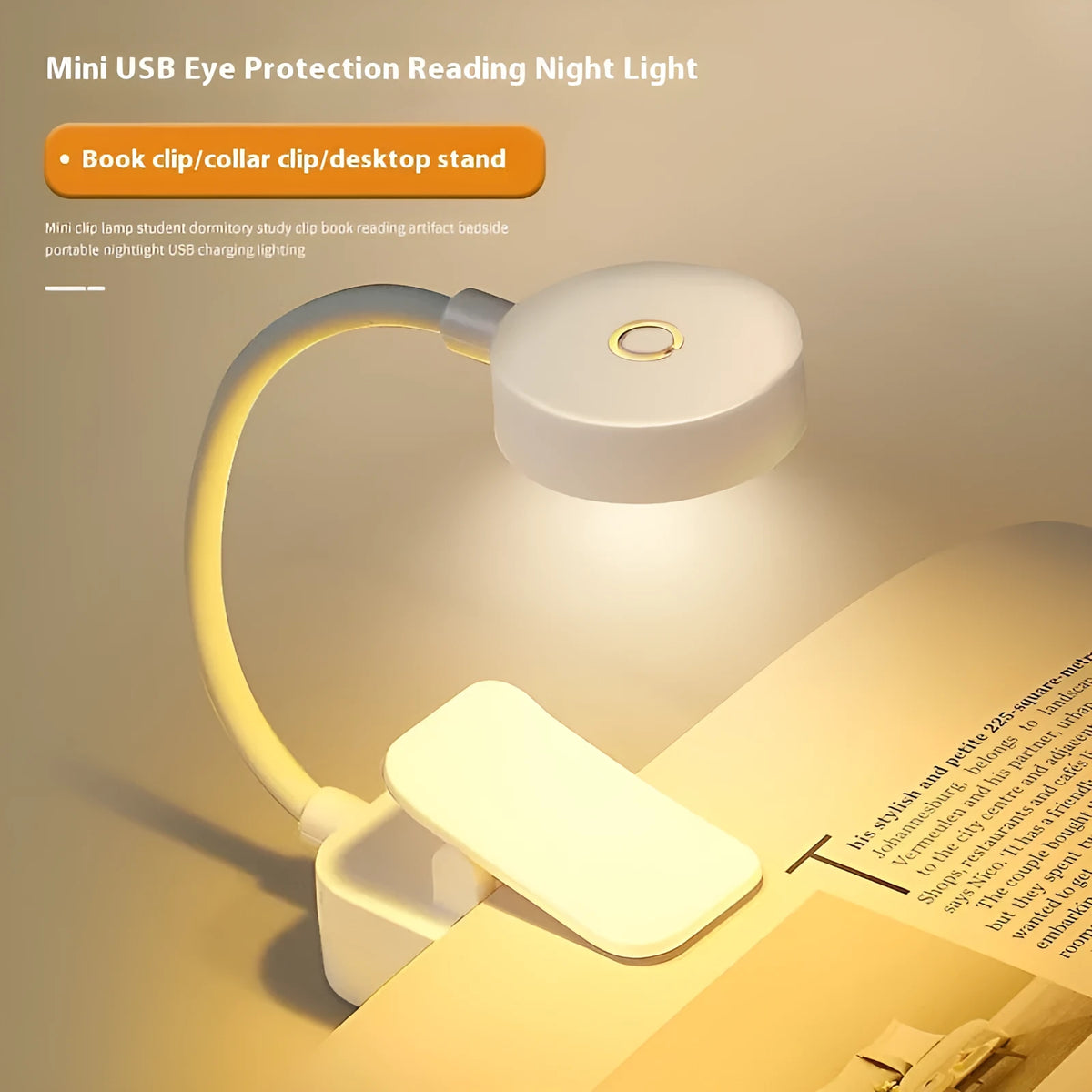 Homehold rechargeable book clip light in white plastic with built-in lithium battery and USB charging