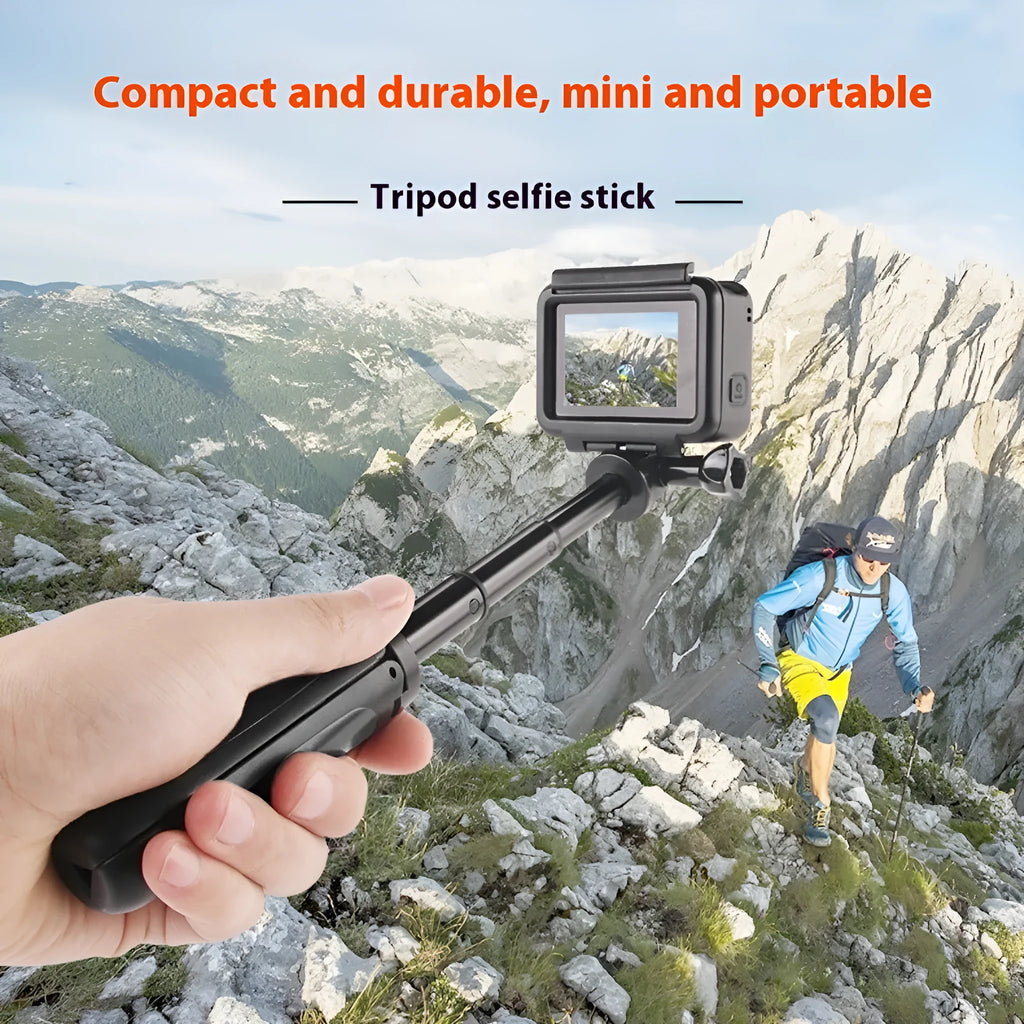 Multifunctional telescopic selfie stick tripod in silver gray with mobile phone holder, collapsed to 12cm