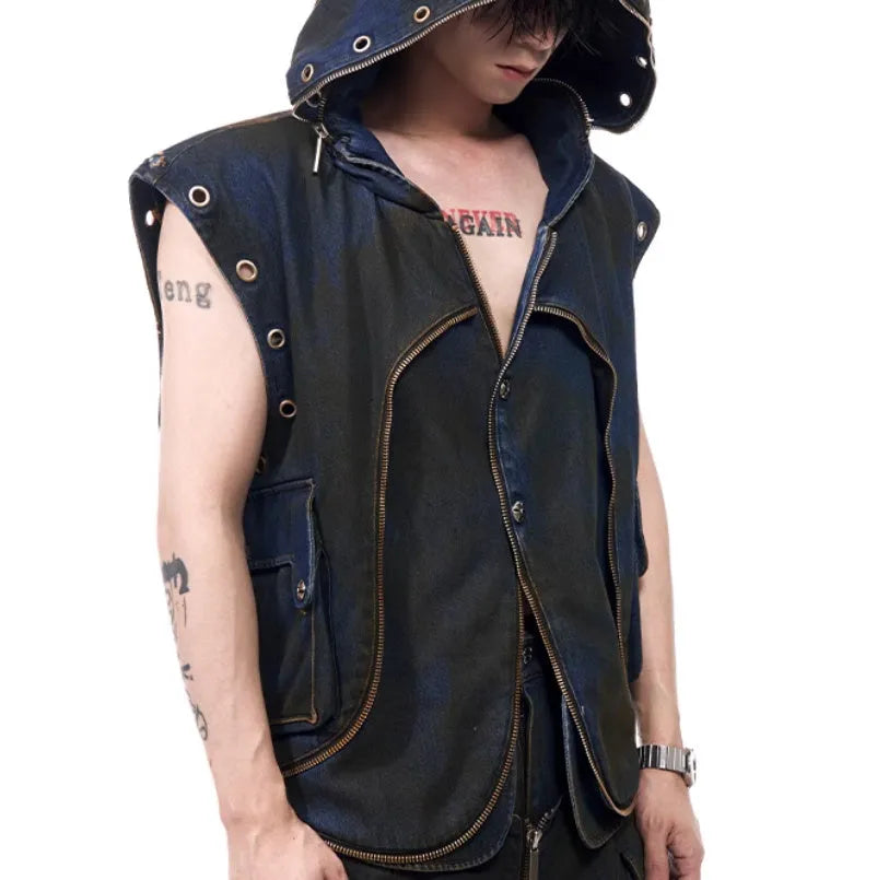 Blue Korean style hooded denim vest with matching trousers, zip-front closure, regular length cut