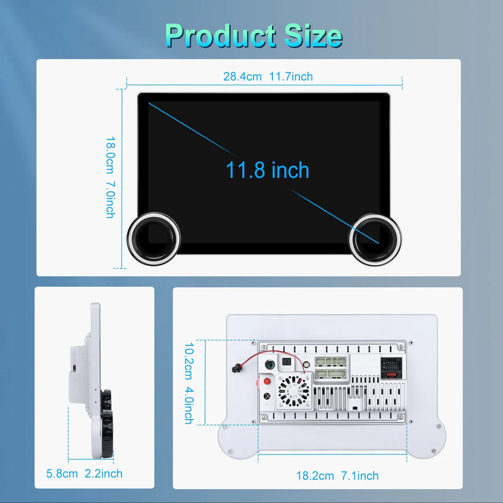 11.8-inch Android car stereo with dual knobs and QLED screen on a dashboard