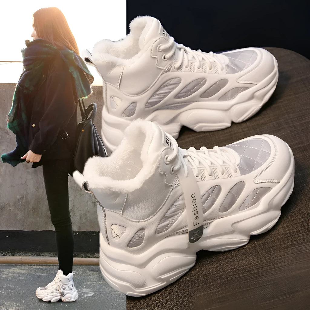 Women's high-top casual shoes with waterproof PU upper, non-slip rubber sole, and suede lining in beige
