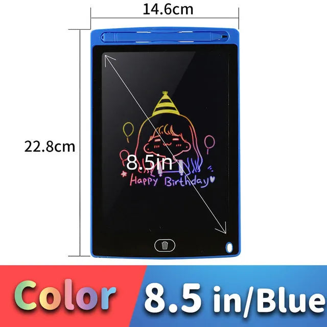 LCD drawing tablet with plastic stylus on colour screen showing child's drawing