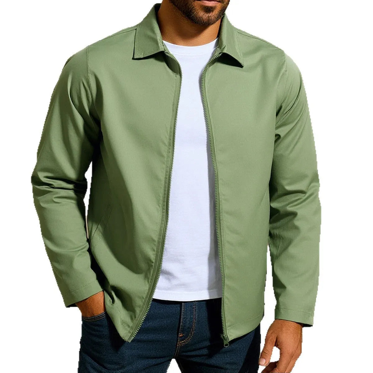 Men's zip-front cardigan jacket in a polyester blend with raglan sleeves, shown in emerald green.