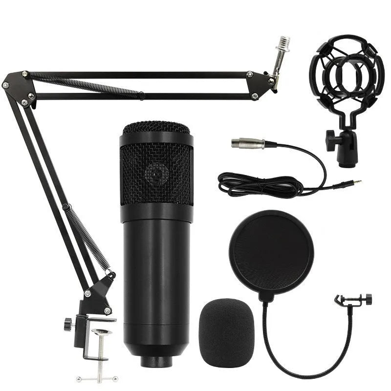 BM800 capacitor microphone set with cantilever bracket for mobile phone recording in black and gold colour