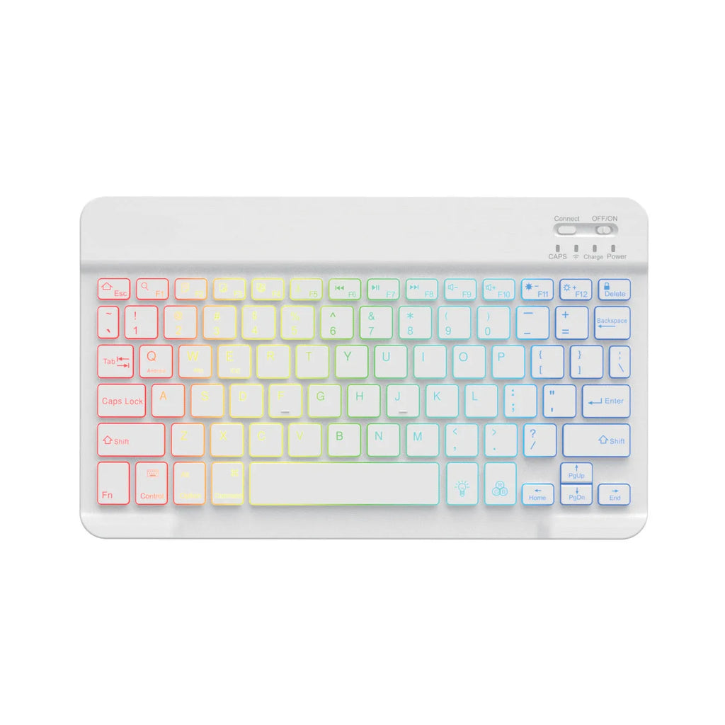 Compact 10-inch black Bluetooth keyboard with colourful LED backlight, shown next to a tablet.