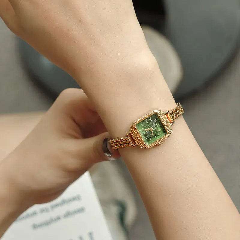Women's square copper strip watch with green dial and gold strap, 7mm thick, Chinese style