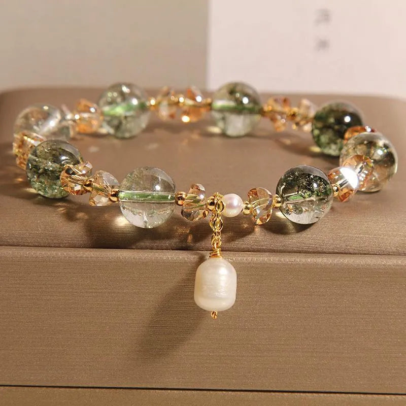Natural chorite crystals crystal bracelet with green phantom quartz champagne beads