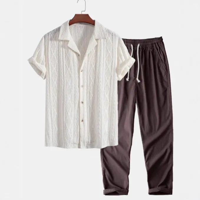 Men's slim fit camouflage print short sleeve shirt and trousers casual linen suit set.