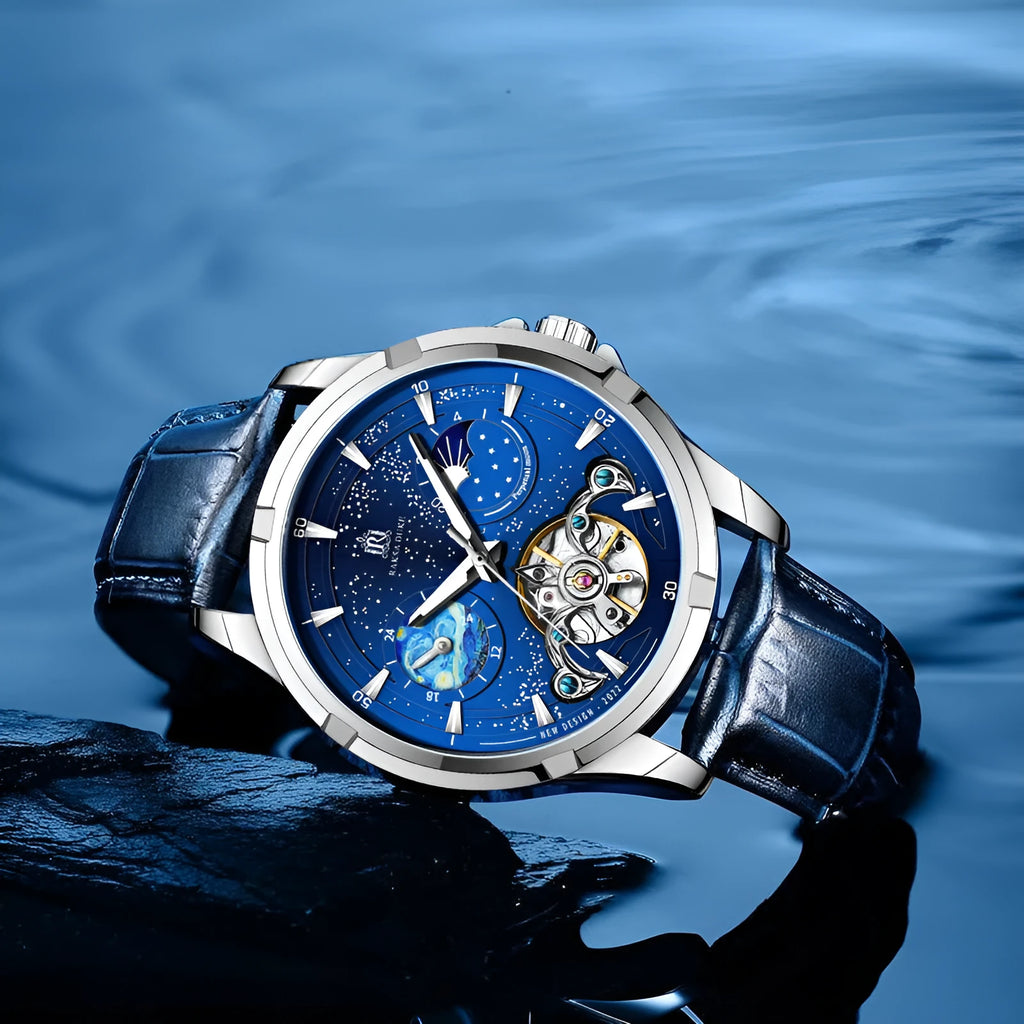 Men's blue dial automatic mechanical watch with stainless steel case on wrist.