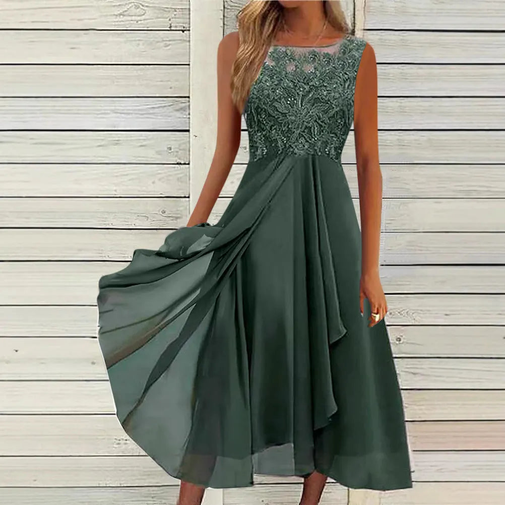 Women's sleeveless chiffon midi dress with lace hollow-out stitching in blue.