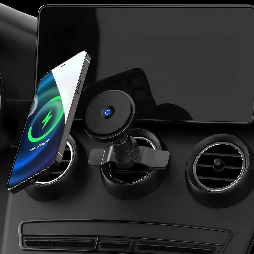 Circular aluminium alloy car wireless charging bracket mounted on air vent with phone charging